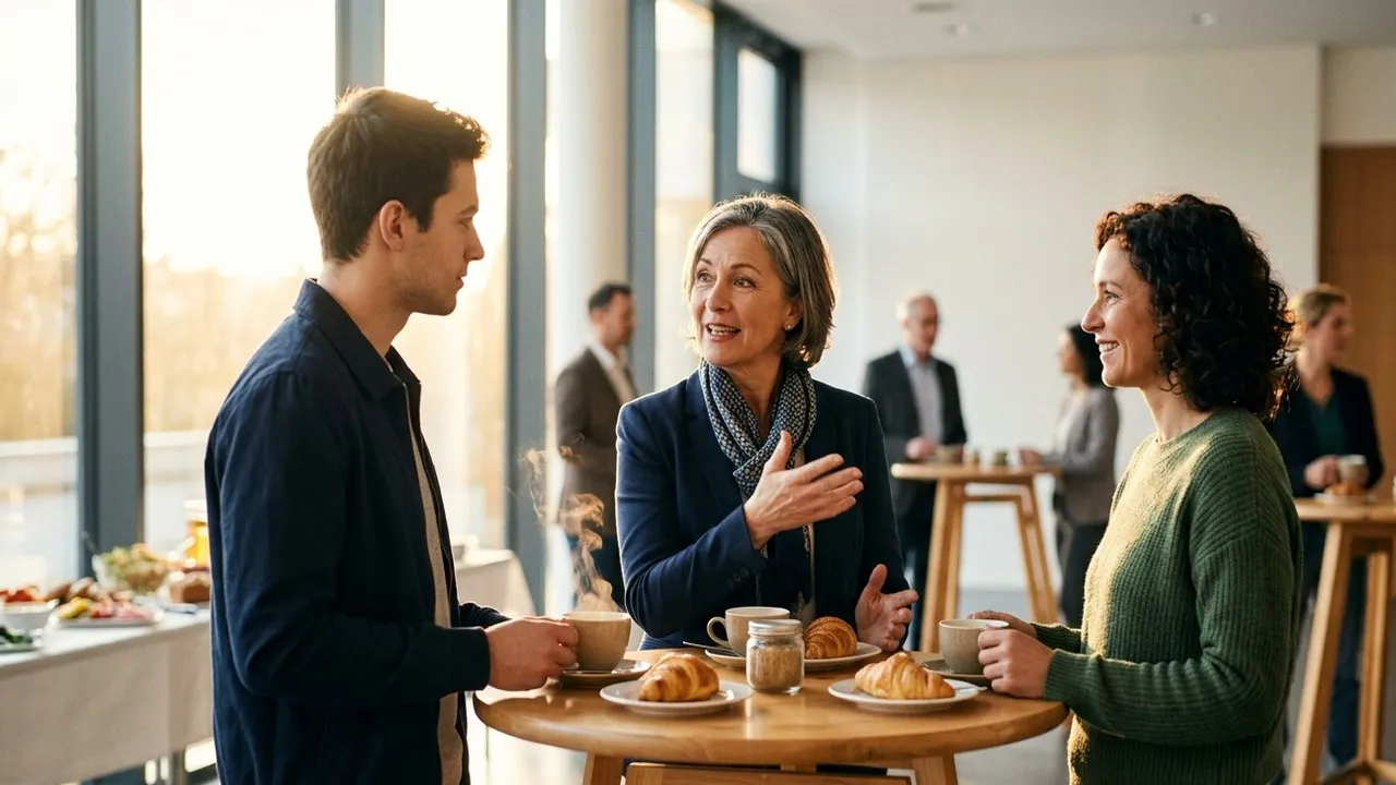 Drei Unternehmer im Gespräch an einem runden Stehtisch mit Kaffeetassen und Croissants, Morgensonne fällt durch große Fenster, im Hintergrund weitere Gäste an Stehtischen und ein Frühstücksbuffet