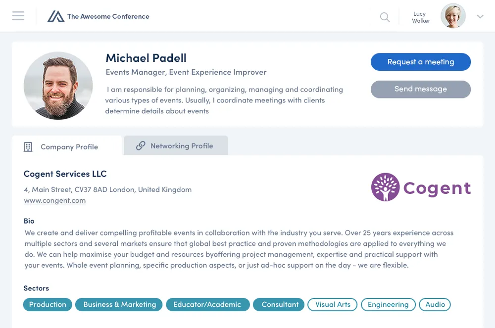 Networking profile inside of the Converve virtual event platform