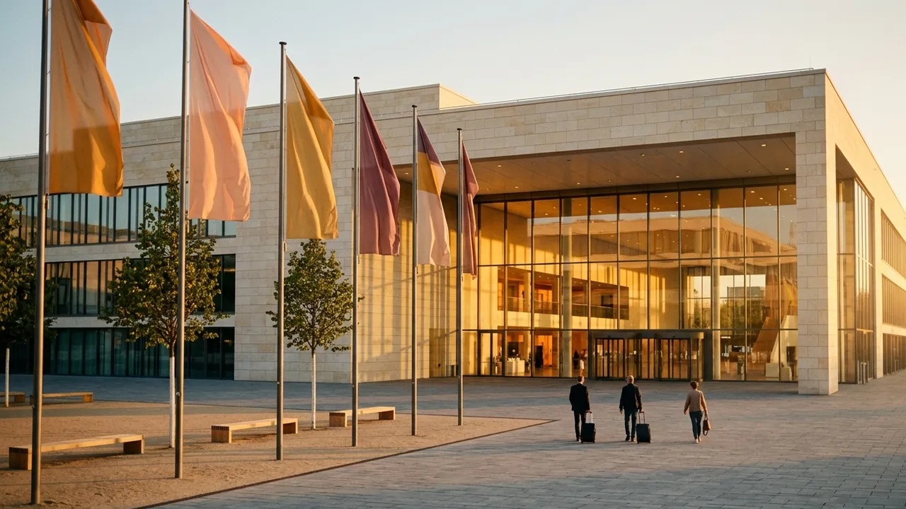Wide view of a modern congress centre with a pale sandstone and glass facade in low golden evening sun: a row of flagpoles with plain flags in warm abstract colours stands on the forecourt, and three travellers with rolling suitcases walk towards the warmly lit entrance before the event opens