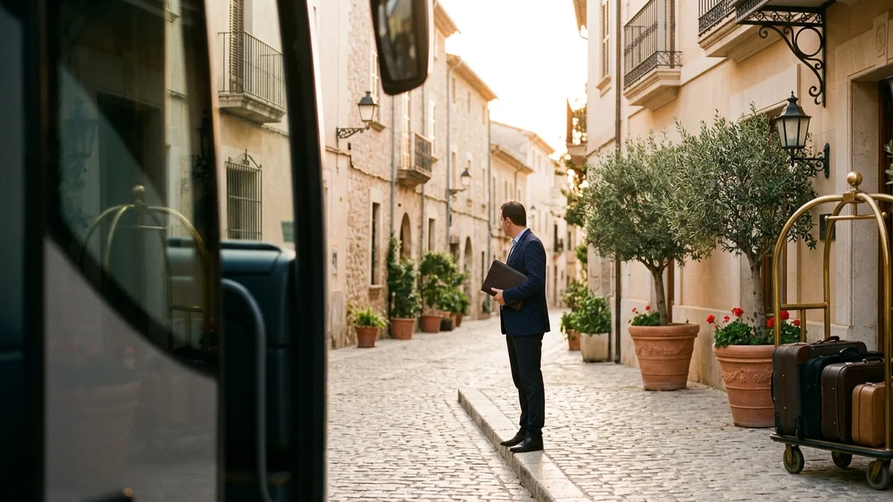A host in a dark blazer holding a leather folder waits in low evening sun on a cobbled street outside a sandstone hotel, seen through the open door of a coach, with olive trees in terracotta pots and a luggage trolley by the entrance