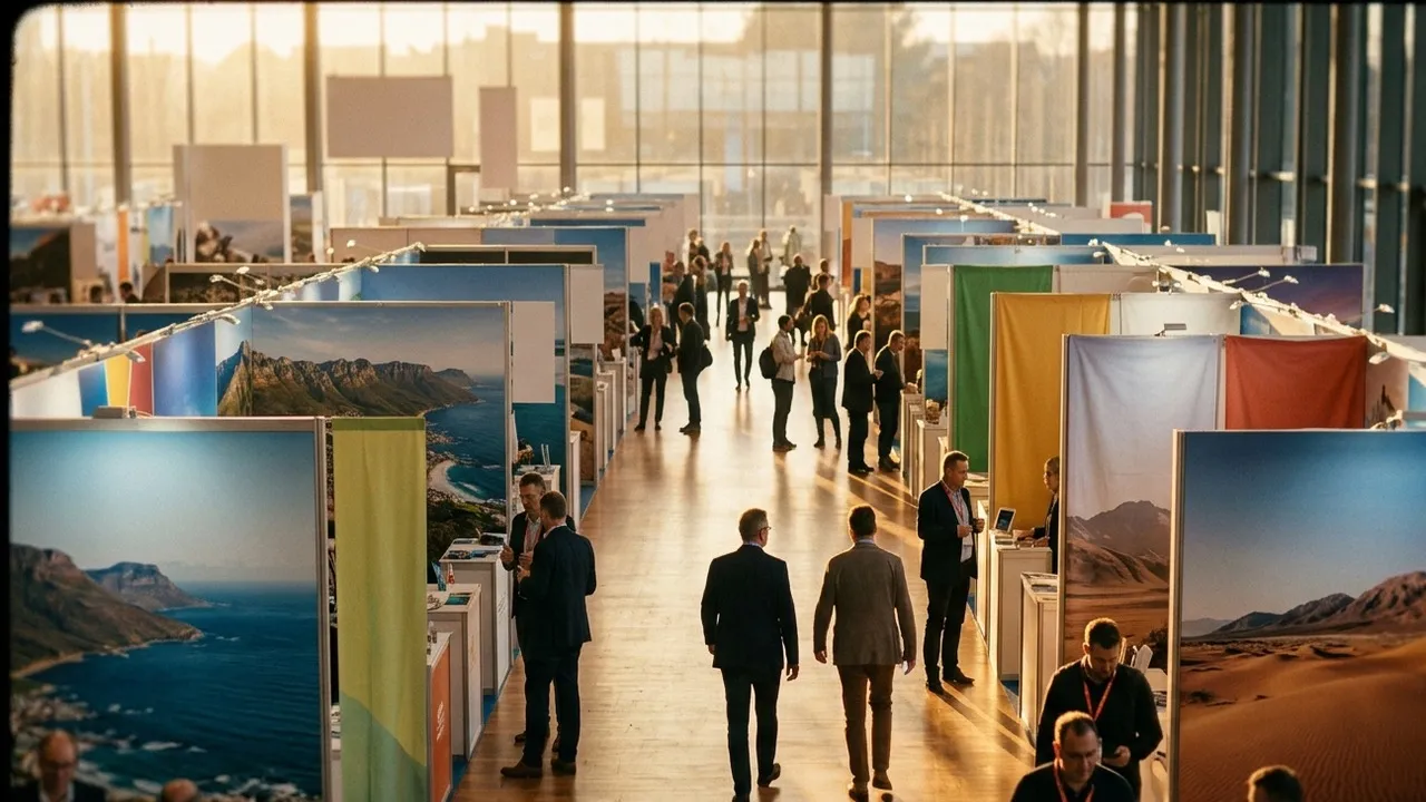 Busy tourism trade show aisle in warm afternoon light with destination pavilion stands showing coastal, mountain and desert imagery