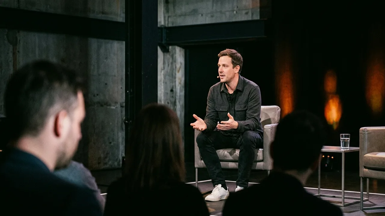 A guest speaker in a dark overshirt and white sneakers sits in a light armchair on a small stage with concrete walls and explains something with open hands, seen through the blurred heads of the audience, with warm orange lights in the dark background and a second, empty armchair next to a glass of water at the right edge