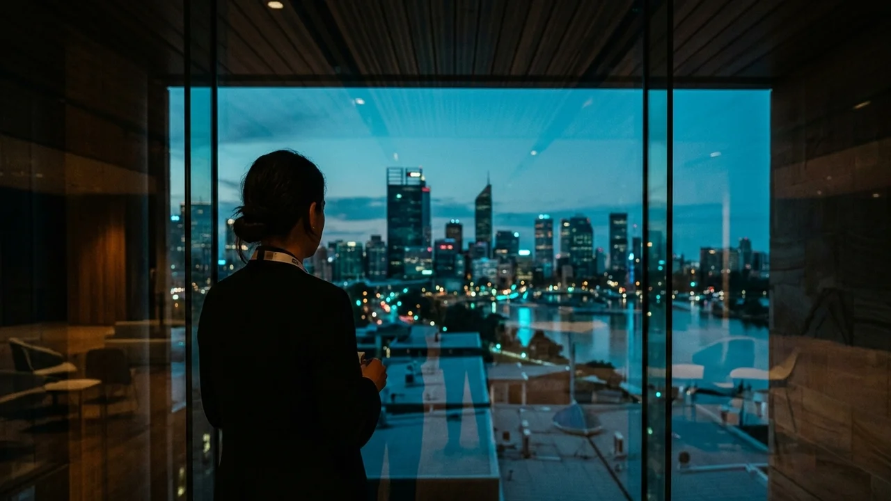 Event professional seen from behind at a convention centre window, looking out over a city skyline at dusk