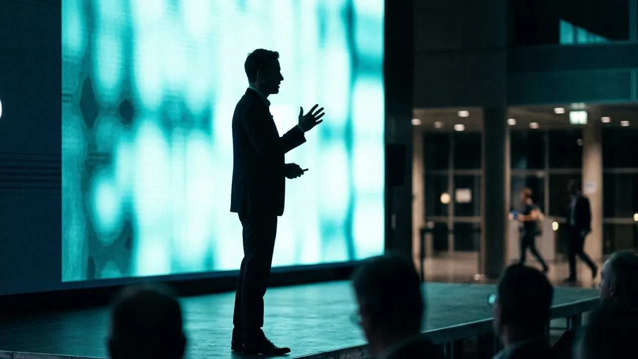 Profile silhouette of a startup founder pitching on a conference stage in front of a glowing LED screen, audience heads in the dark foreground