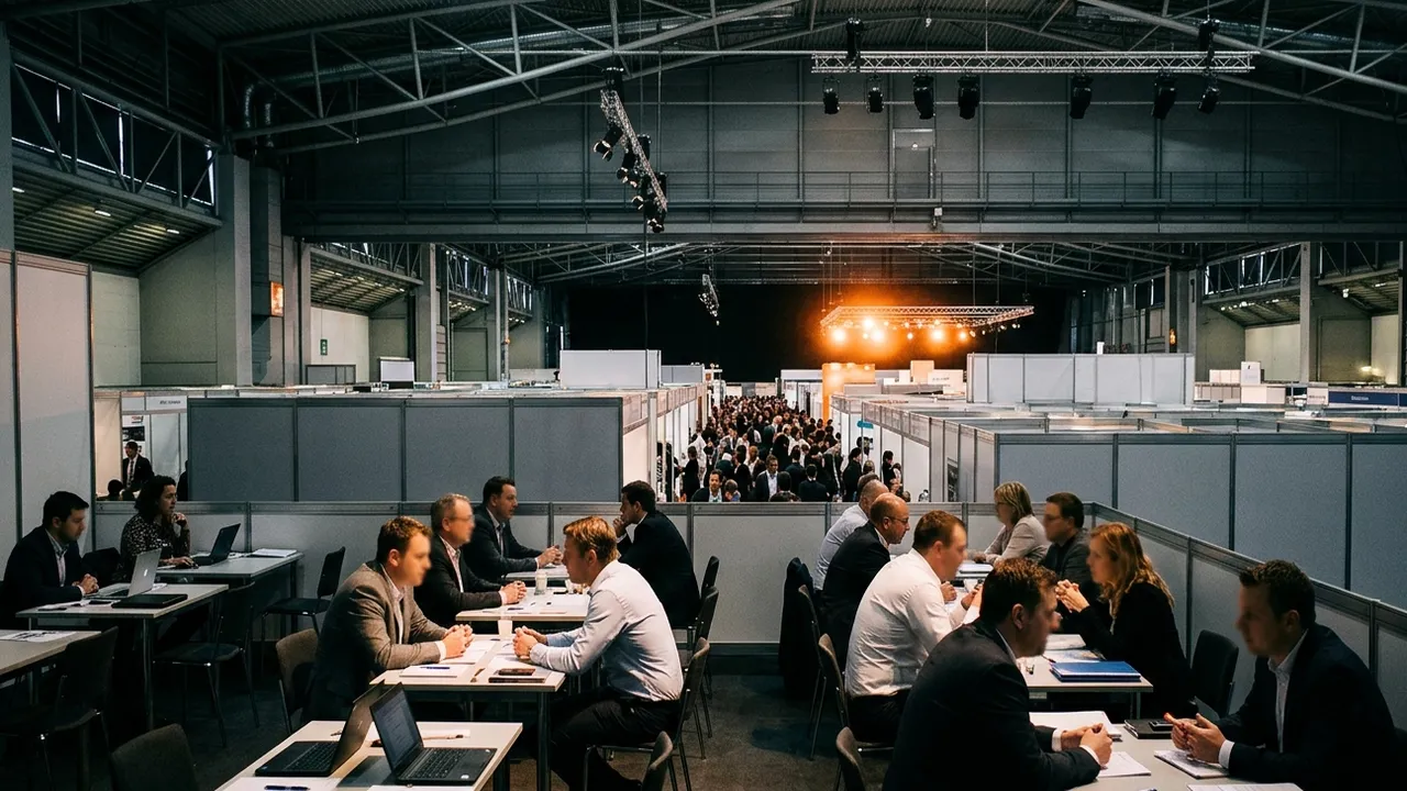Wide view of a trade show hall with a steel roof truss and grey stand walls: in the foreground, pairs of business visitors sit at rows of small tables in one to one meetings with laptops and notebooks, while a crowd moves down the main aisle towards warm orange lights at the back