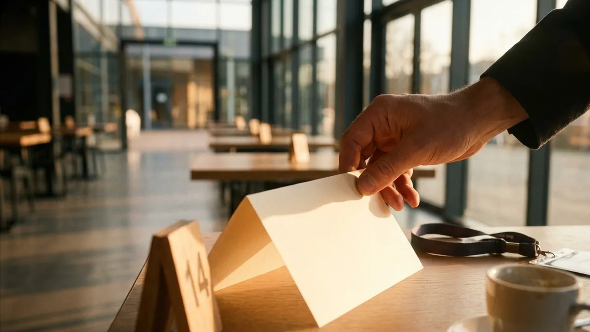 Nahaufnahme im Morgenlicht eines Glasfoyers: eine Hand stellt eine gefaltete Terminkarte auf einen nummerierten Meeting-Tisch, daneben Lanyard und Kaffeetasse.