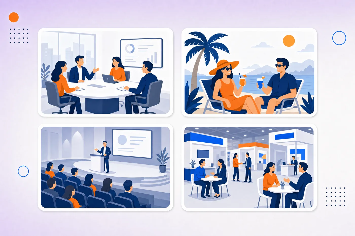 The four MICE segments as scenes: a small boardroom meeting, an incentive trip by the sea, a conference plenary with speaker, and an exhibition floor with booths and one-to-one meeting tables