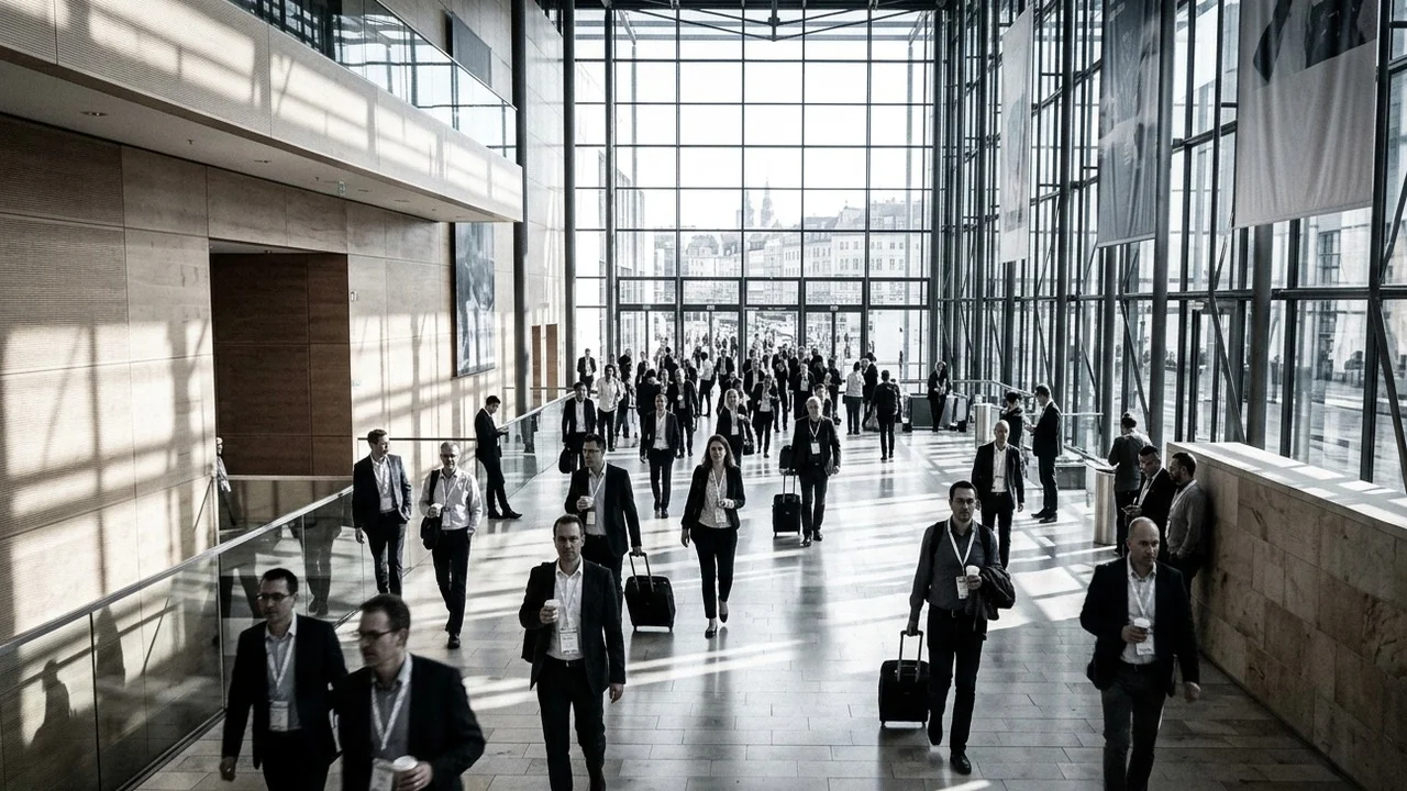 International delegates with roller cases crossing a bright European convention centre foyer, elevated wide view, city skyline behind the glass facade