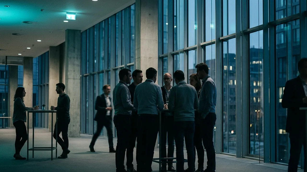 Ein Konferenzfoyer in der Abenddämmerung entlang einer Glasfassade, in der Bildmitte eine dichte Gruppe aus sechs Personen in Smart Casual eng um einen Stehtisch, links zwei weit auseinanderstehende Personen an einem zweiten Tisch, rechts eine einzelne Person an der Glasfront und im Hintergrund eine vorbeigehende Person in Bewegungsunschärfe