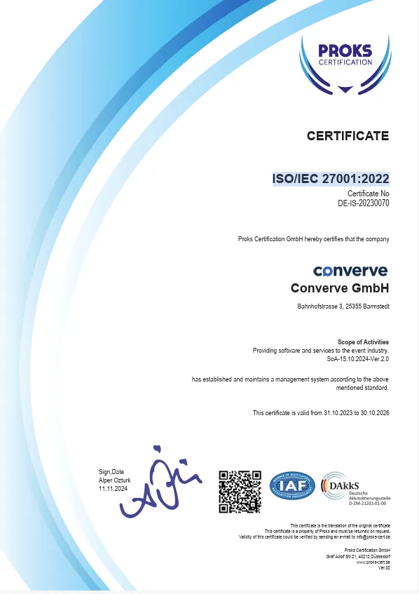 ISO 27001:2022 certificate of Converve.