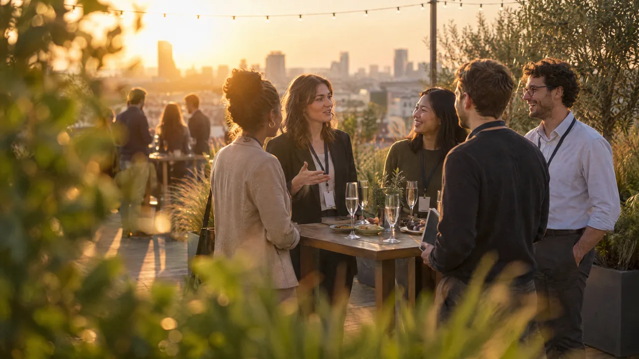 A group of young professionals talking at a high table on a rooftop terrace at an after-work networking evening, in golden backlight seen through blurred plants