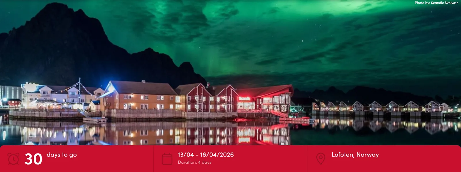 Screenshot der Website des Norwegian Travel Workshop 2026 mit Lofoten-Motiv bei Nordlicht, betrieben mit Converve