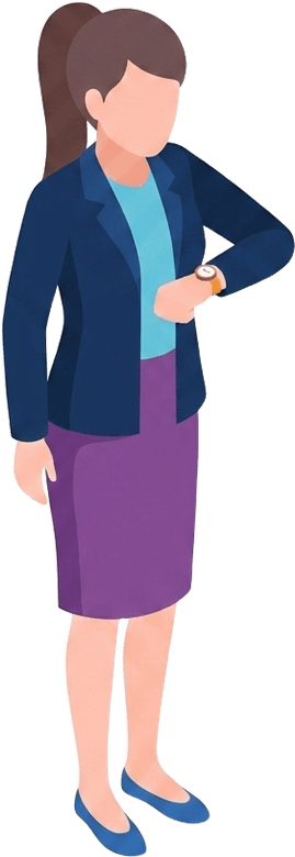 Illustrierte Person, die neben dem Tagesplan steht und auf ihre Uhr schaut.