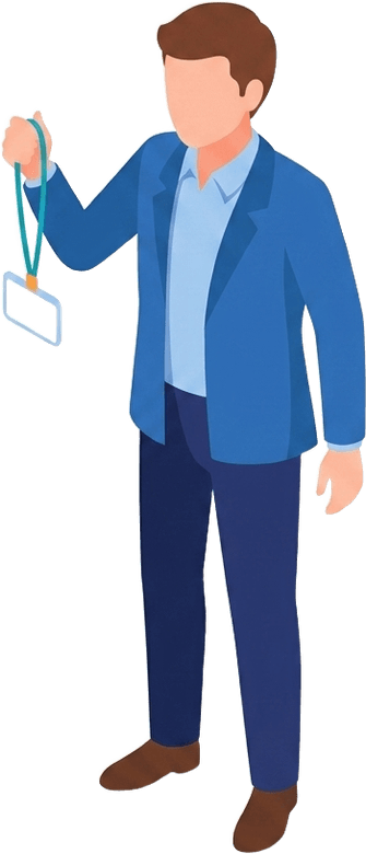 Illustrierte Person, die neben der Check-in-Karte ihr fertiges Badge in die Höhe hält.