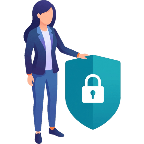 Illustration: Eine Frau stützt die Hand auf einen Schutzschild mit Schloss, Datensicherheit.