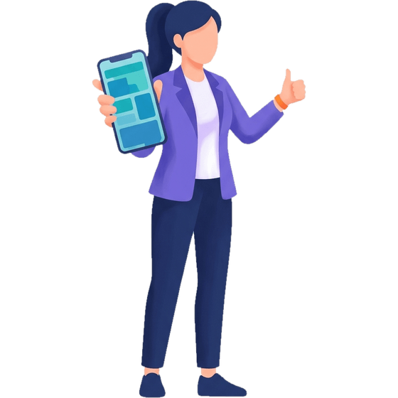Illustration: Eine Frau hält ein Smartphone mit der Event-App und gibt Daumen hoch.