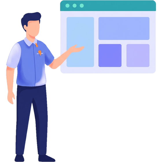 Illustration: Ein Mann präsentiert ein Browserfenster, die gebrandete Event-Website.