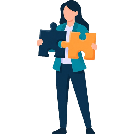 Illustration: Eine Frau fügt zwei Puzzleteile zusammen, Systeme, die ineinandergreifen.