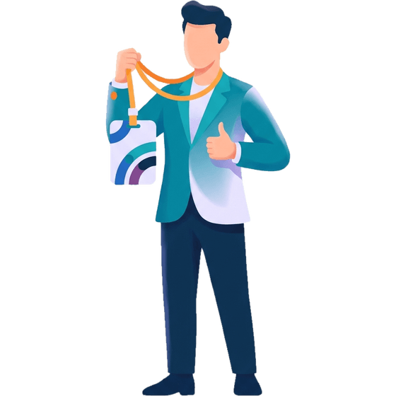 Illustration: Ein Teilnehmer hält zufrieden sein Event-Badge am Lanyard hoch.