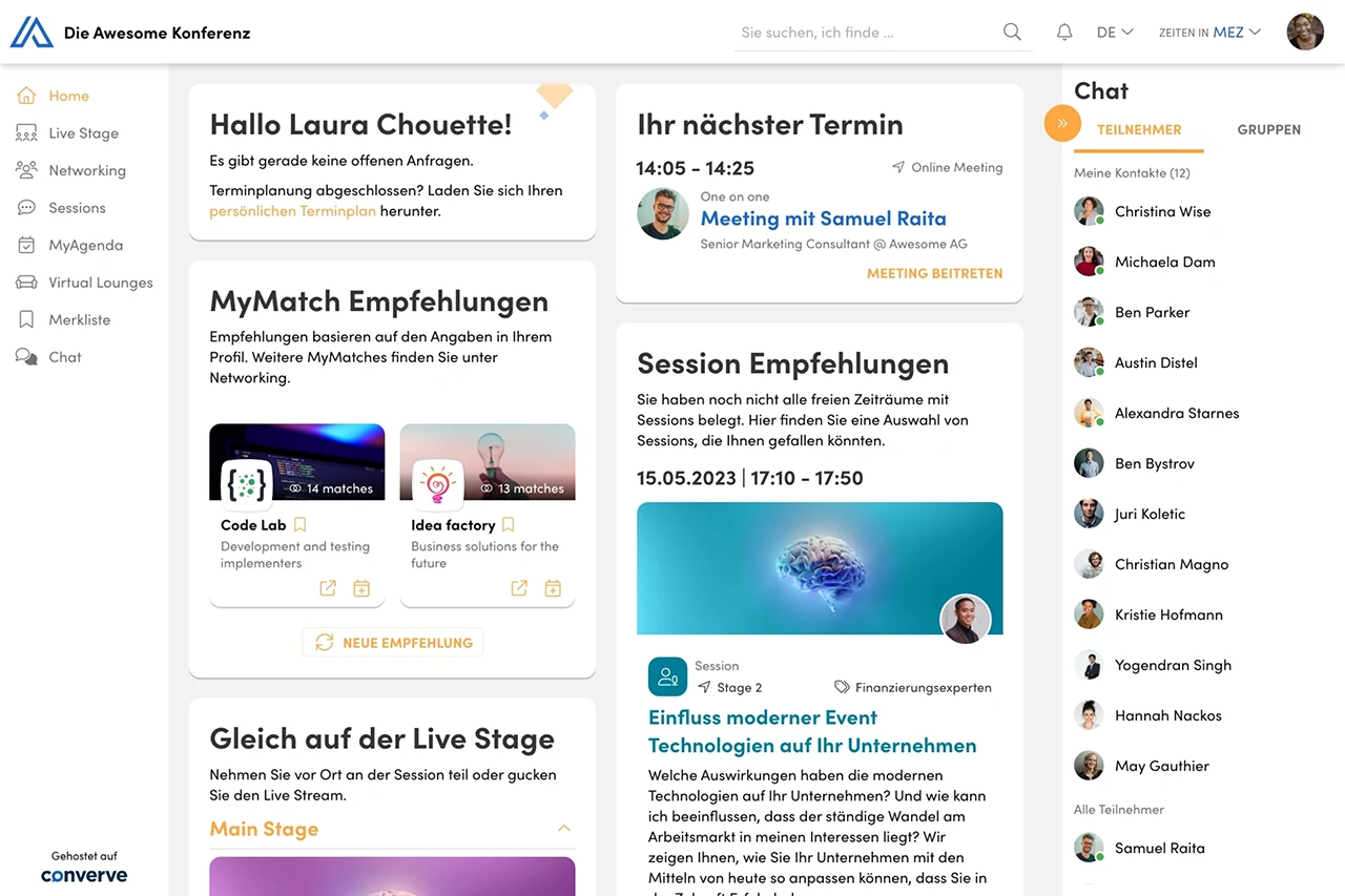 Converve-Teilnehmer-Dashboard: personalisierte Startseite mit nächstem Termin, MyMatch-Empfehlungen, Session-Empfehlungen und Live-Chat.