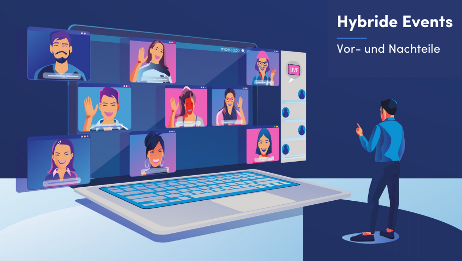 Mann hält ein Video Meeting auf einem Hybriden Event