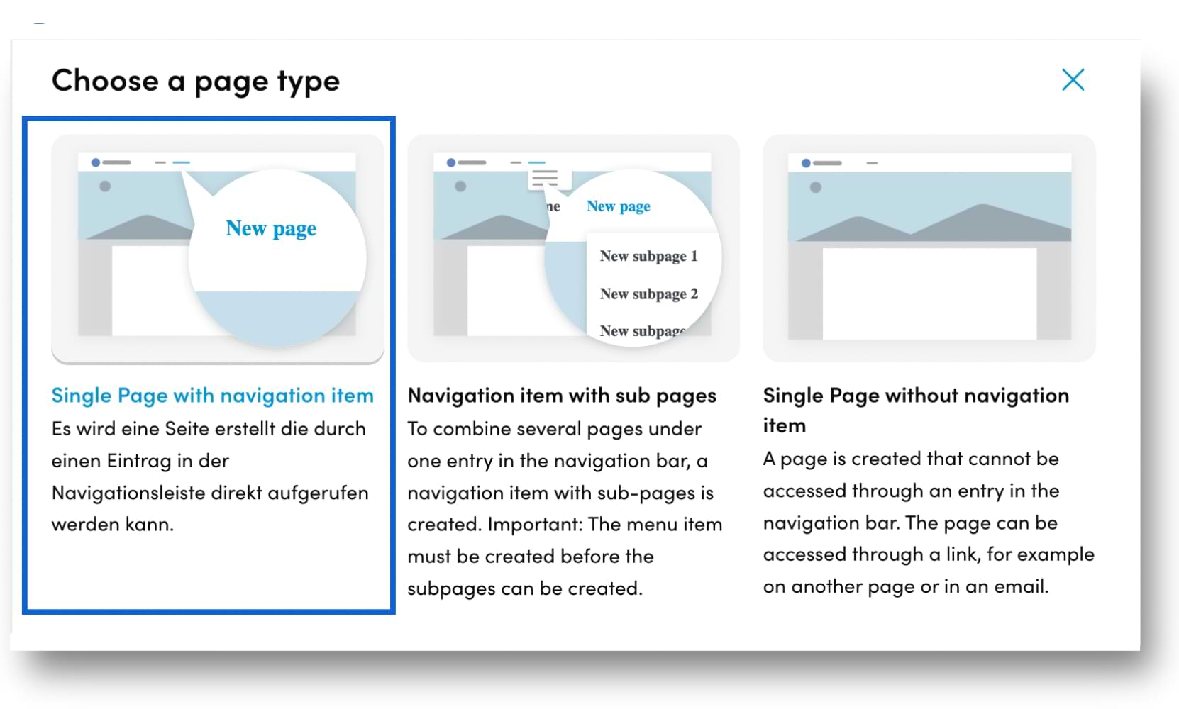 single page with navigation item highlited