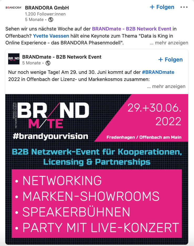 linkedin post der brandora gmbh kurz vor start des events
