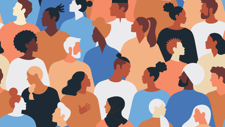 Illustration von Menschen verschiedener Hauttypen, Alter, Geschlecht und Religion