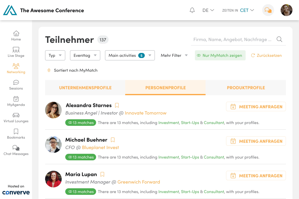 Teilnehmeransicht eines Investoren Events auf der Converve Plattform
