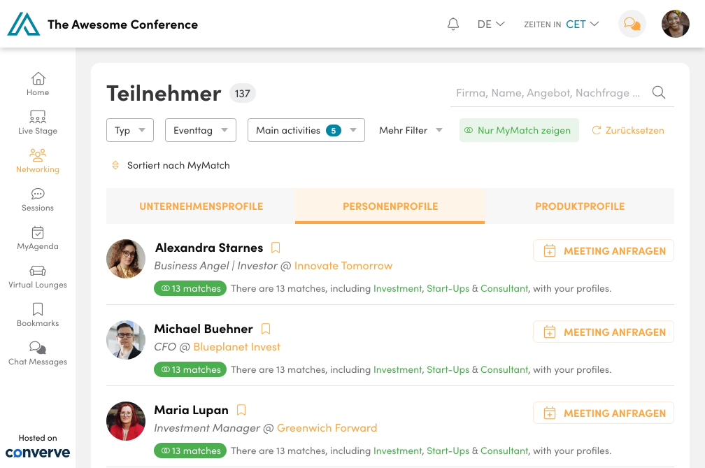 participant view of a startup event participant view of a virtual startup event on the converve platform