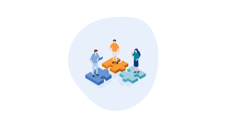 illustration of 3 people networking on puzzles icons