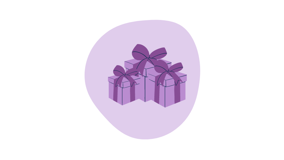 3 purple presents inside a bubble