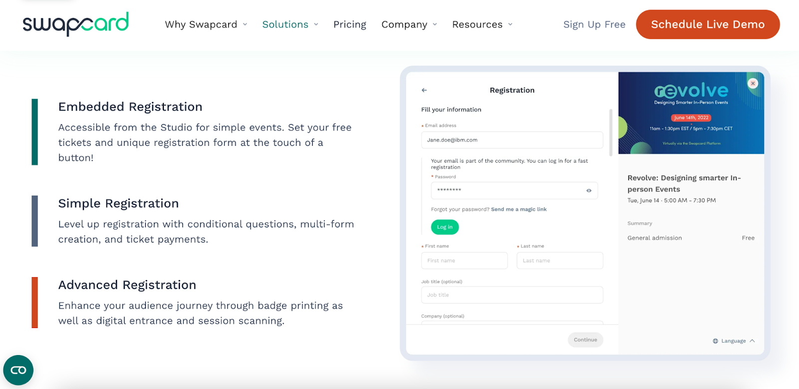 swapcard website screenshot where people can learn how to integrate and embedd the registration forms into an event