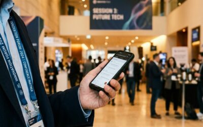 Person holding a smartphone at a business conference with the event networking app on screen and lanyards visible.