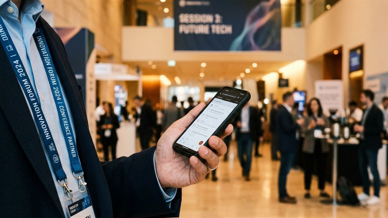 Person holding a smartphone at a business conference with the event networking app on screen and lanyards visible.