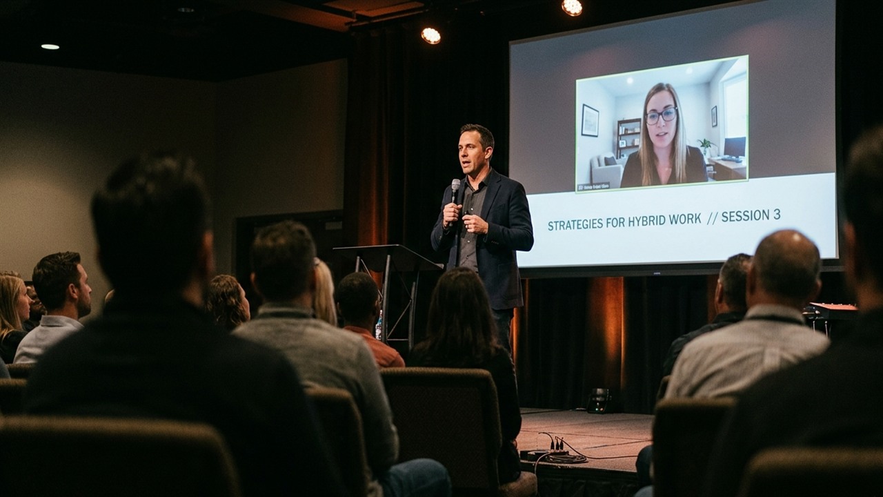 Speaker on stage at a mid-sized business conference with a remote participant displayed on the large screen behind the speaker; audience heads softly out of focus in the foreground.