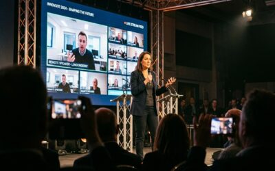 Speaker on stage at a B2B conference with a livestream tile shown on the large screen behind. Audience members in the foreground hold up smartphones, capturing the moment LinkedIn Live extends the event beyond the room.