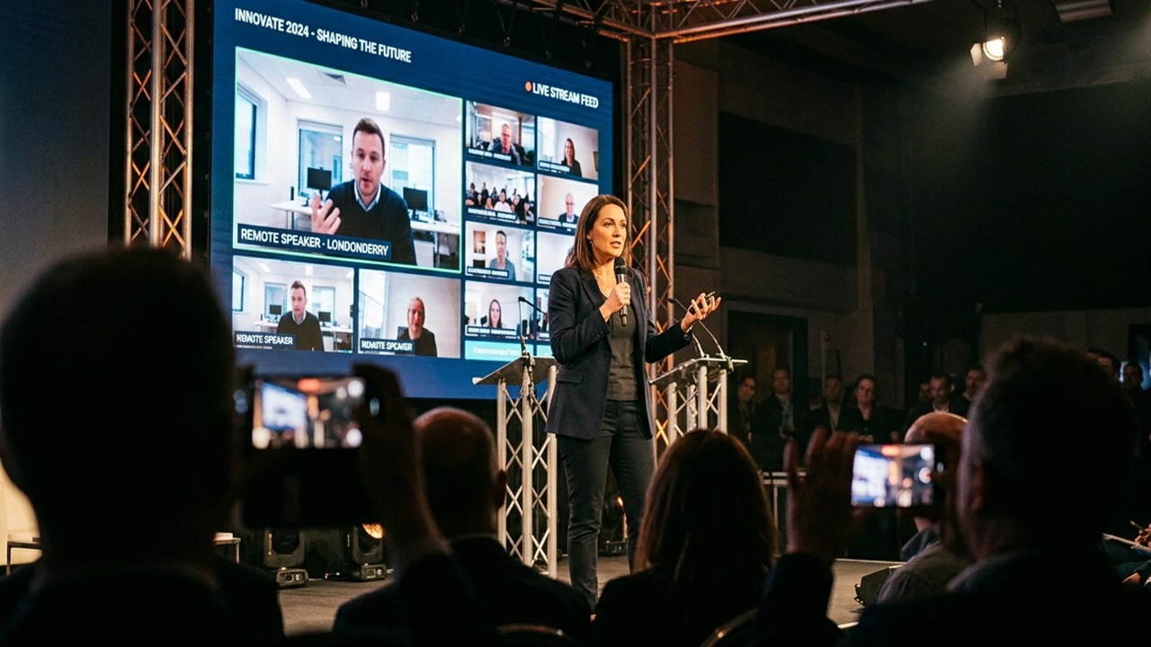 Speaker on stage at a B2B conference with a livestream tile shown on the large screen behind. Audience members in the foreground hold up smartphones, capturing the moment LinkedIn Live extends the event beyond the room.