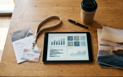 Top-down flat-lay of a tablet showing an abstract analytics dashboard, alongside a conference lanyard, a printed schedule card, a coffee cup, a fountain pen and a destination brochure on a warm wooden table.