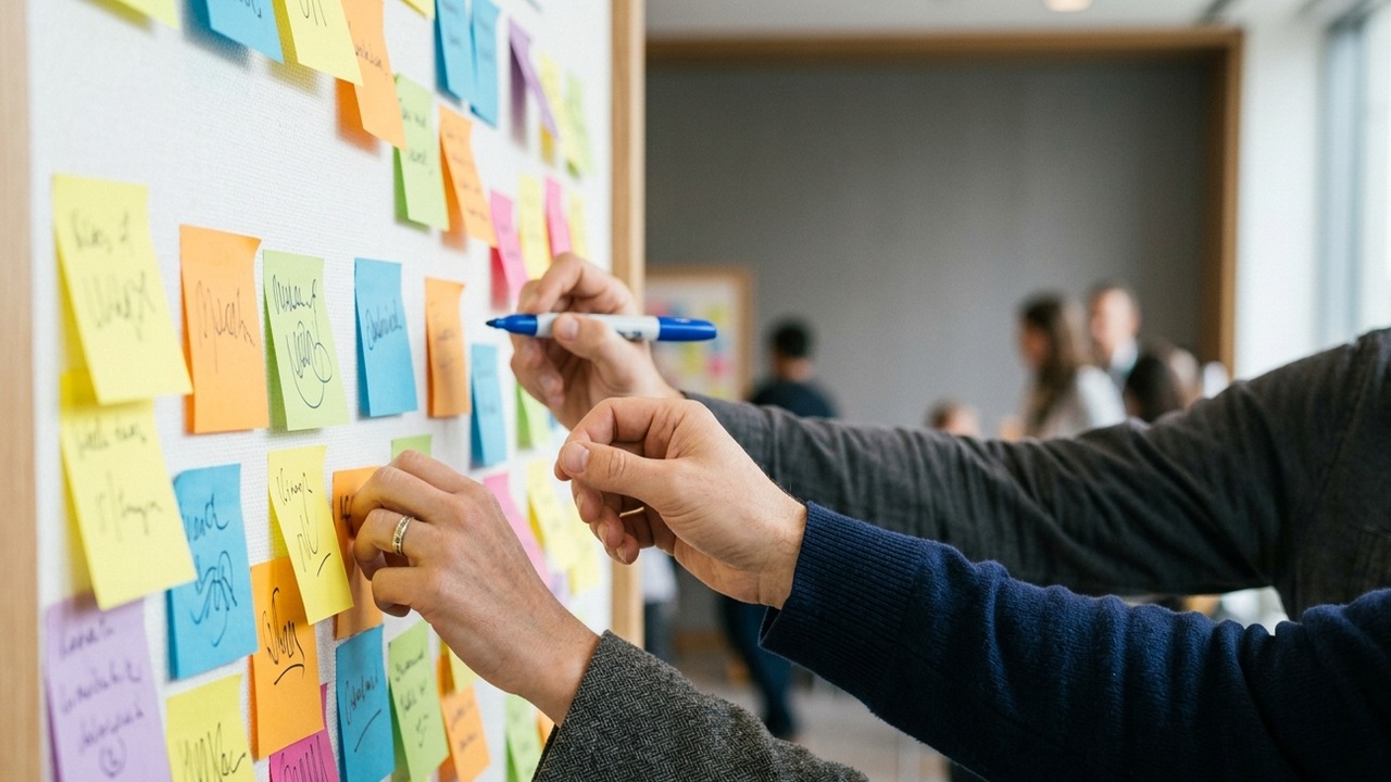 Hände heften bunte Notizzettel an eine Themenwand während einer stillen Networking-Stunde